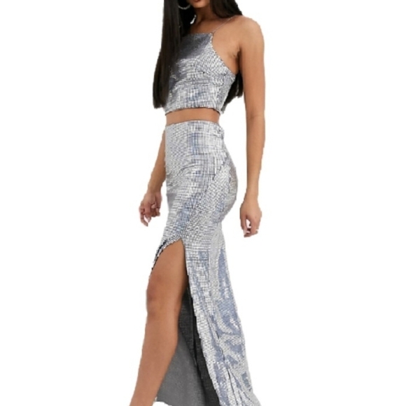 Silver Sequin Maxi Trumpet Skirt with Slit for Night Out Size 4 - Picture 1 of 17